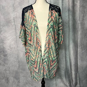 HINT Multi Color Lace Accented Open Front Semi-Sheer Cardigan - XL